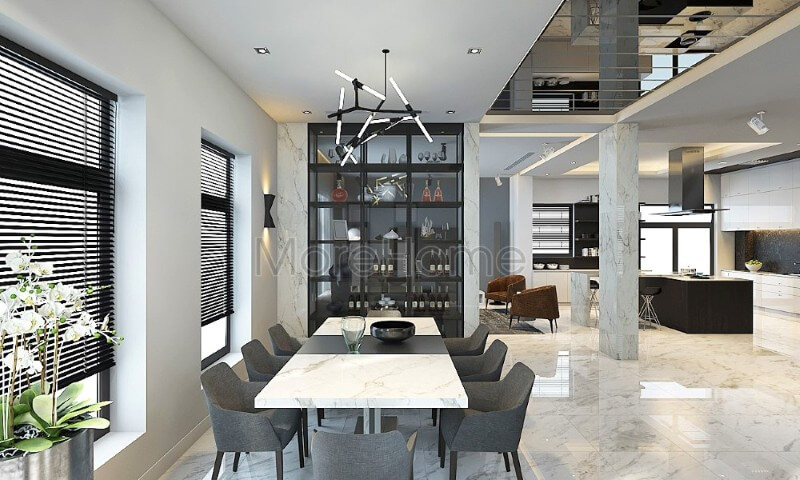 Thiết kế nội thất phòng ăn nhà phố đẹp hiện đại được ngăn cách với không gian phòng khách bằng tủ kính đa năng tạo sự riêng tư và thoải mái Thiết kế nội thất phòng ăn nhỏ