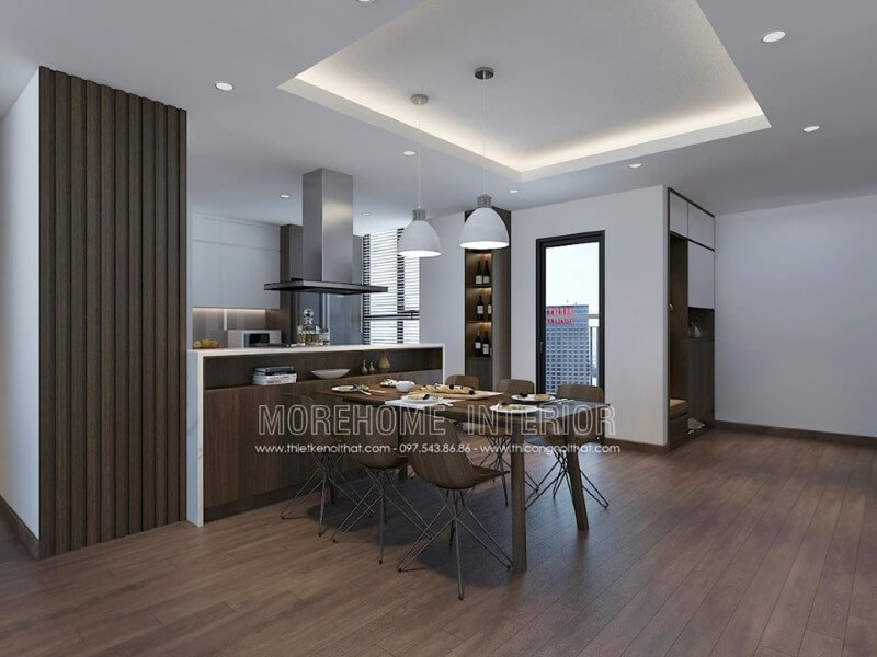 Phòng khách liên kết trực tiếp với khu vực ăn uống, tạo không gian mở và sự thông thoáng cho căn chung cư Thiết kế phòng ăn đẹp
