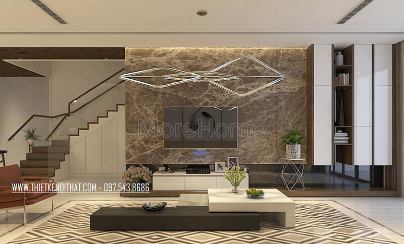 Thiết kế nội thất phòng khách hiện đại kết hợp giữa màu trắng và mảng trường màu tối bằng đá tự nhiên cao cấp tạo sự hài hòa, sang trọng Ấn tượng với mẫu thiết kế đá ốp tường phòng khách đẹp