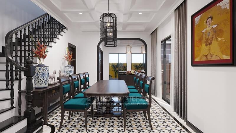 Thiết kế phòng ăn gần kề cầu thang gỗ Mẫu bàn ăn đẹp ấn tượng được ưa chuộng nhất hiện nay