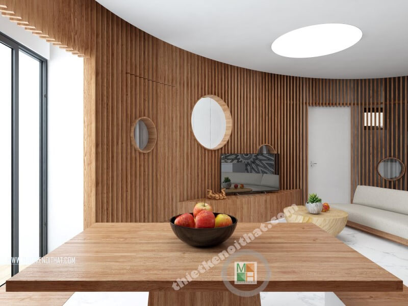 Mẫu bàn ăn gỗ tự nhiên hiện đại kết hợp tường ốp gỗ đồng màu mang đến sự ấn tượng, sang trọng. Mẫu bàn ăn đẹp ấn tượng được ưa chuộng nhất hiện nay