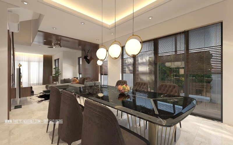 Mẫu bàn ăn hiện đại được thiết kế đơn giản, phần mặt bàn sử dụng ốp đá tự nhiên tạo nên cảm giác sang trọng và sạch sẽ hơn Mẫu bàn ăn đẹp ấn tượng được ưa chuộng nhất hiện nay