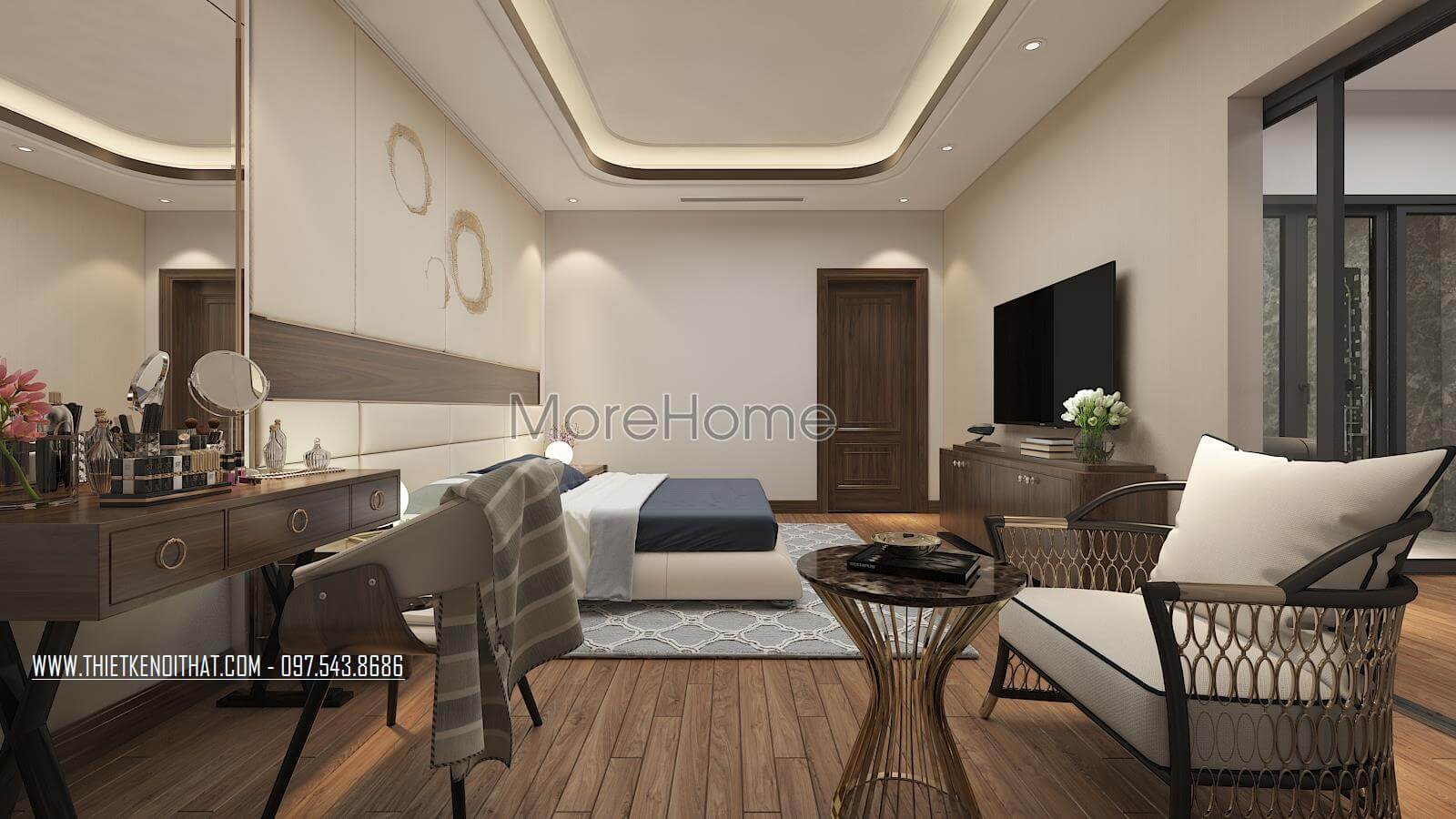 Mẫu sofa bọc vải đẹp với thiết kế khung gỗ mạ vàng kết hợp bàn trà mặt kính cường lực sang trọng cho phòng ngủ master Mẫu sofa phòng ngủ đẹp, tiện nghi