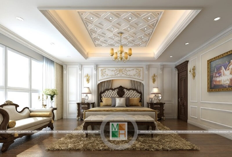 Mẫu ghế bọc da tân cổ điển đặt ở đuôi giường độc đáo với kiểu dáng dài cùng đường nét chạm khắc tinh tế đầy nghệ thuật. Mẫu sofa phòng ngủ đẹp, tiện nghi