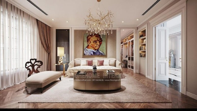 Bộ sofa đơn cao cấp cùng điểm nhấn tranh chân dung họa sĩ Van Gogh tuyệt đẹp đã tạo nên nét sang trọng, độc đáo cho phòng giải trí trong phòng ngủ. Mẫu sofa phòng ngủ đẹp, tiện nghi