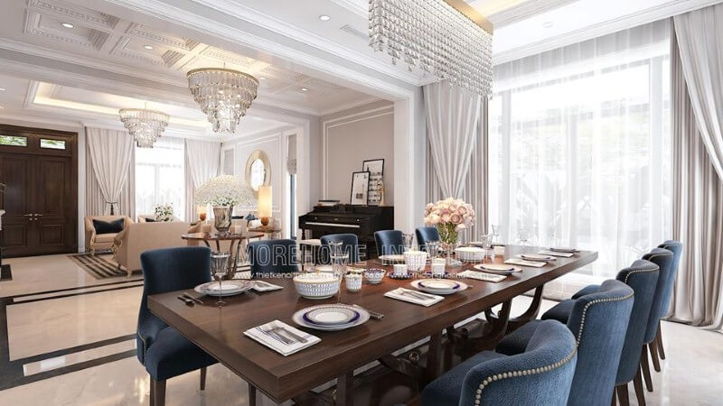 Sắp xếp phòng ăn liền phòng khách đẹp, sang trọng ấn tượng với sắc xanh nổi bật từ bộ bàn ghế cùng lối thiết kế nội thất tân cổ điển quý phái. Thiết kế nội thất phòng khách liền phòng ăn đẹp, ấn tượng