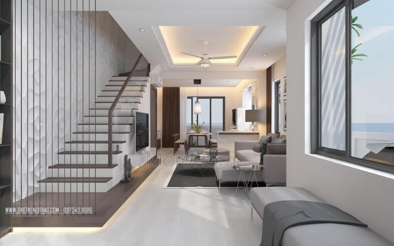 Trang trí nội thất phòng khách liền phòng bếp ăn đẹp cùng cầu thang dây cáp tạo nét hiện đại, độc đáo cho biệt thự, nhà phố. Thiết kế nội thất phòng khách liền phòng ăn đẹp, ấn tượng