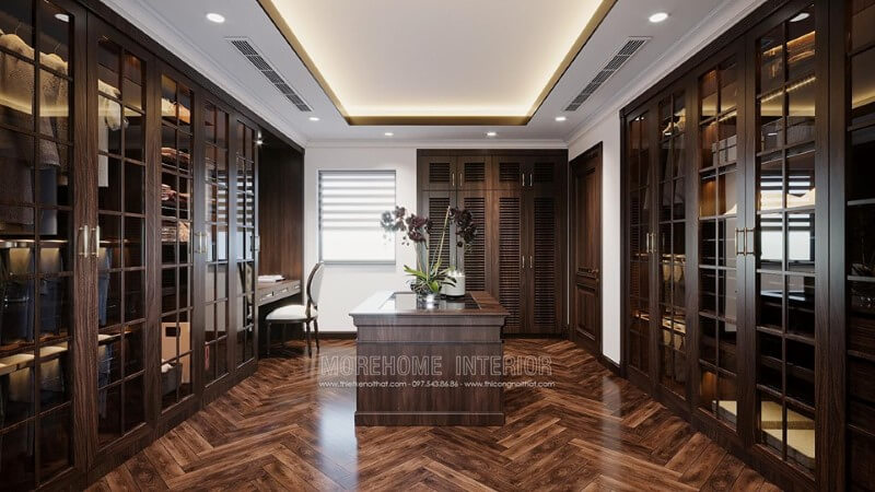 Mẫu phòng thay đồ gỗ hiện đại cho không gian nhà biệt thự tủ quần áo gỗ kết hợp kính