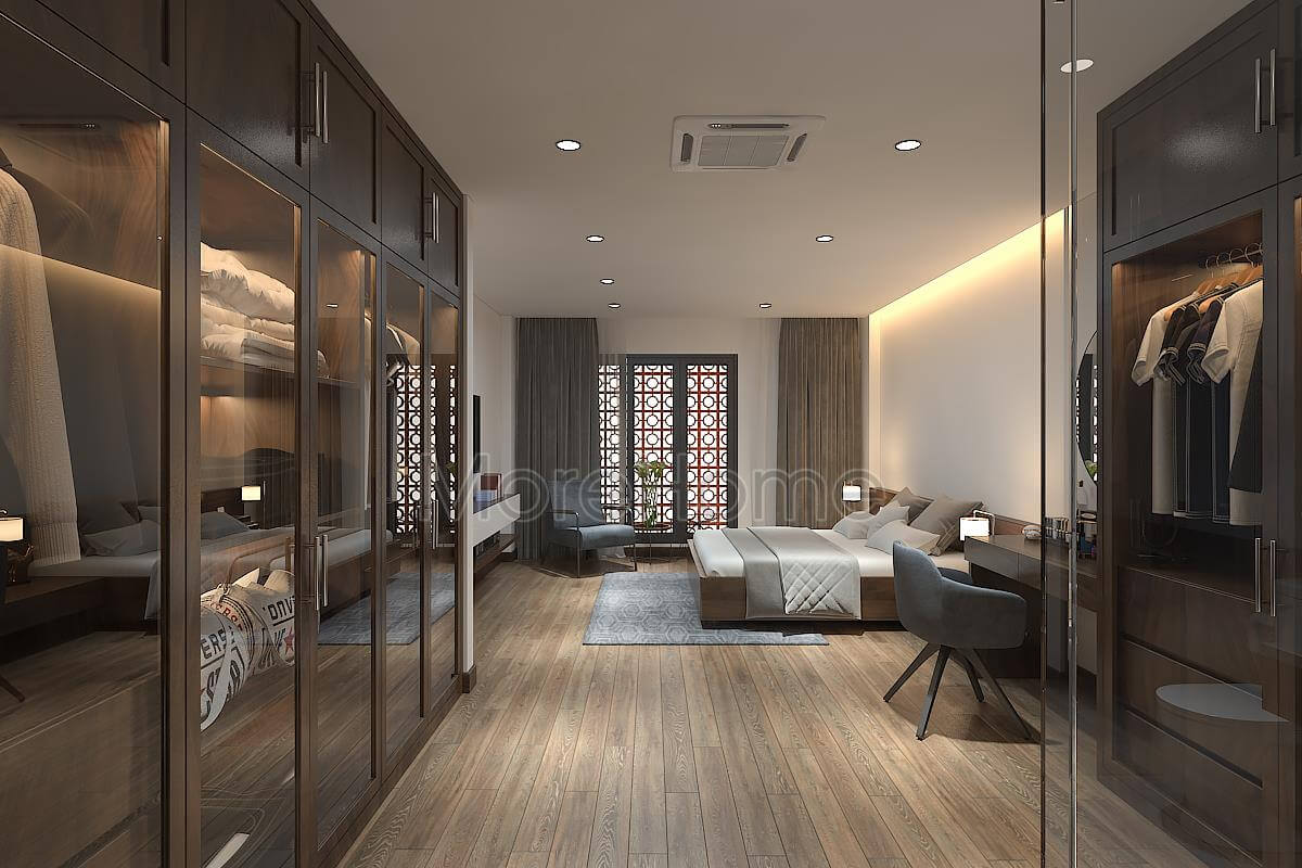 Mẫu tủ quần áo gỗ tự nhiên với thiết kế cửa kính sang trọng cho phòng ngủ nhà phố hiện đại tủ quần áo gỗ kết hợp kính
