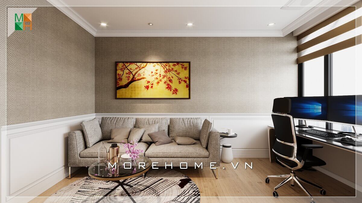 Mẫu ghế sofa bọc vải màu xám kết hợp bàn trà mặt kính tròn rất sang trọng tăng vẻ tiện nghi cho căn phòng làm việc. Mẫu bàn trà mặt kính đẹp