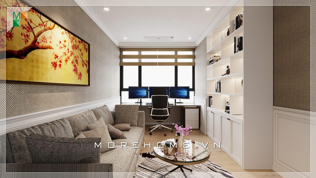 Mẫu sofa màu xám bọc vải kết hợp bàn trả mặt kính tròn rất tiện nghi, tăng độ sang trọng cho không gian nơi đây. Mẫu bàn trà mặt kính đẹp
