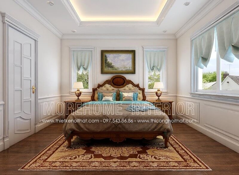 Mẫu giường ngủ gỗ óc chó tân cổ điển được Morehome thiết kế và sản xuất tại xưởng