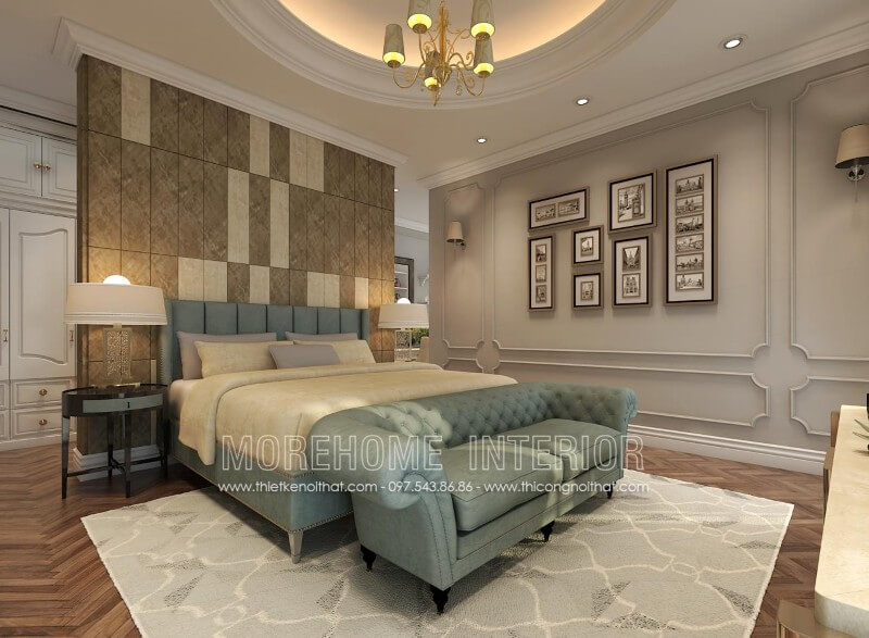 Mẫu giường bọc nỉ tân cổ điển đẹp này được thiết kế sang trọng kết hợp với khung gỗ sồi cao cấp, tạo sự chắc chắn mà không kém phần sang trọng. Đây là kiểu mẫu phòng ngủ tân cổ điển hiện đại khá là phổ biến hiện nay