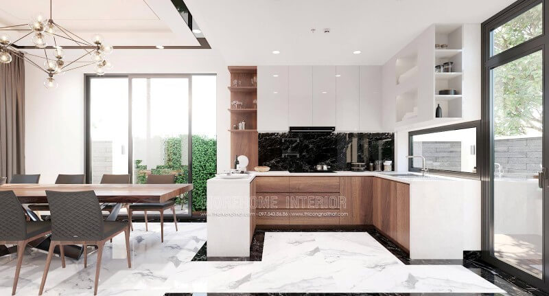 Mẫu tủ bếp chữ u được thiết kế ấn tượng với sự phân chia khoa học mang lại sự thuận tiện cho người nấu. Mẫu tủ bếp màu nâu trẻ trung, ấm cúng cho căn bếp nhà bạn