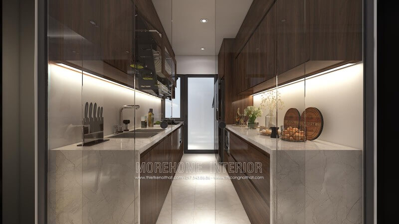 Tủ bếp gỗ Veneer óc chó với màu sắc nâu trầm sang trọng, đá ốp bếp nhân tạo sáng màu được sử dụng tạo điểm nhấn đẹp mang lại sự sang trọng, trẻ trung hơn Mẫu tủ bếp màu nâu trẻ trung, ấm cúng cho căn bếp nhà bạn