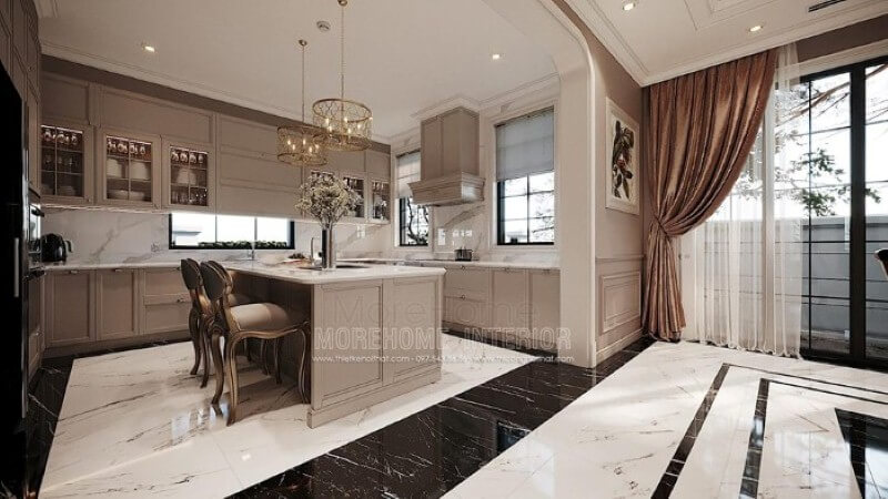 Mẫu tủ bếp đảo gỗ tự nhiên gam màu nâu nhạt kết hợp cùng đá ốp lát tạo nên vẻ đẹp nhẹ nhàng, thanh lịch nhưng không kém phần sang trọng tại biệt thự cao cấp Hải Phòng. Mẫu tủ bếp màu nâu trẻ trung, ấm cúng cho căn bếp nhà bạn