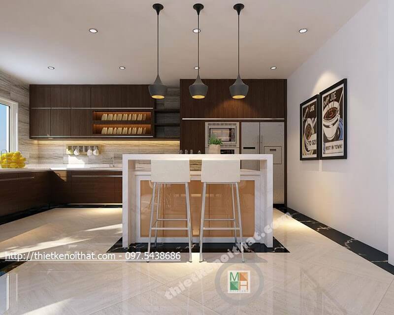 Mẫu tủ bếp gỗ công nghiệp màu nâu với thiết kế dài chữ L cho phòng bếp mang đến sự tiện nghi cho người nội trợ Mẫu tủ bếp màu nâu trẻ trung, ấm cúng cho căn bếp nhà bạn