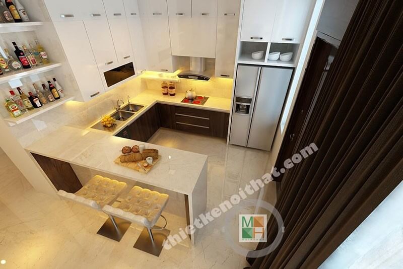 Mẫu tủ bếp chữ L gỗ công nghiệp hiệ đại, bề mặt ốp đá cao cấp mang đến không gian sạch sẽ cho người nội trợ Mẫu tủ bếp màu nâu trẻ trung, ấm cúng cho căn bếp nhà bạn