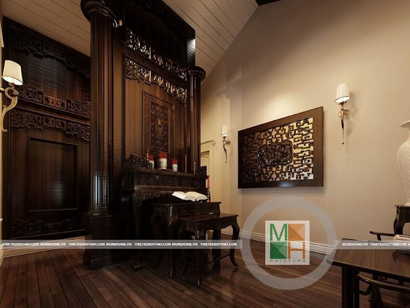 Mẫu bàn thờ gỗ tự nhiên sang trọng với thiết kế đường nét được chạm khách tỉ mỉ, tinh tế cho chốn linh thiêng