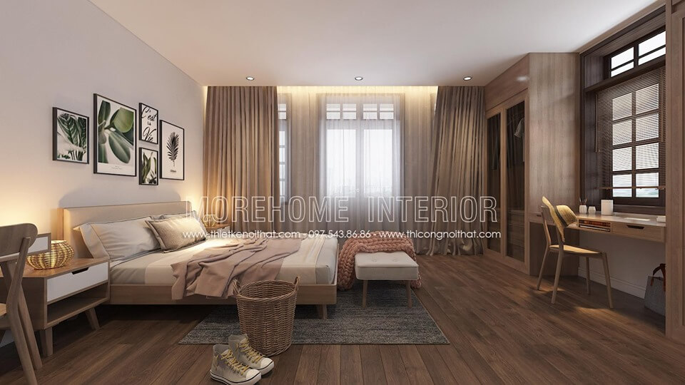 Mẫu giường ngủ gỗ tự nhiên bọc sofa hiện đại với gam màu kem nhẹ nhàng nhưng không kém phần sang trọng nội thất sofa
