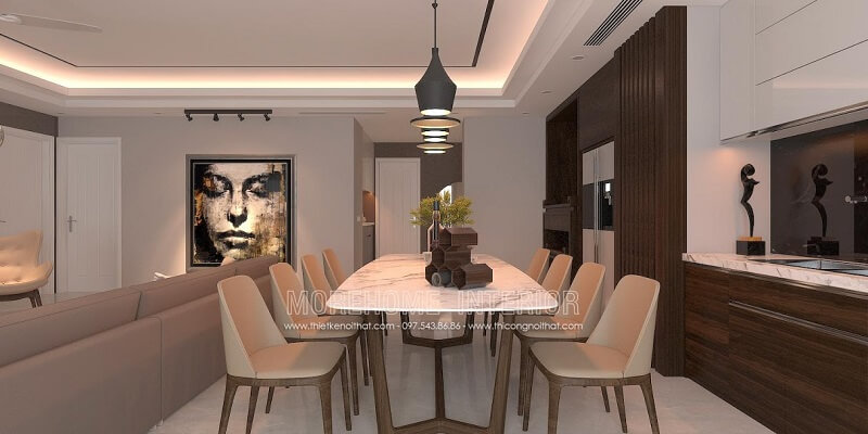 Mẫu bàn ăn mặt đá cao cấp chân gỗ kết hợp 6 ghế ăn gỗ tự nhiên với tông màu be sang trọng tạo điểm nhấn cho không gian căn phòng. bàn ăn hiện đại đẹp