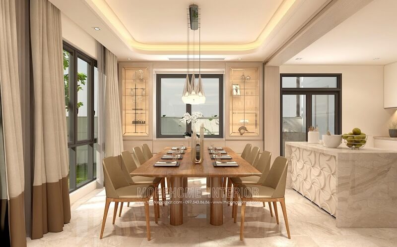 Ấn tượng với bộ bàn ăn gỗ cao cấp với những đường vân tinh tế, đường nét đơn giản cuốn hút tạo điểm nhấn nổi bật cho căn phòng bàn ăn hiện đại đẹp