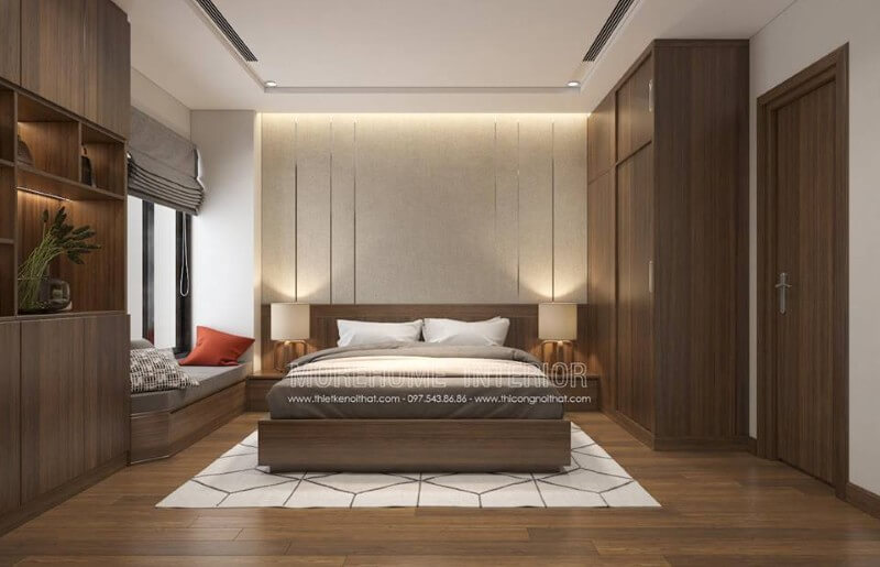 Thiết kế nội thất phòng ngủ chung cư hiện đại với đồ nội thất gỗ công nghiệp thiết kế đẹp mắt Thiết kế phòng ngủ tại Hà Nội