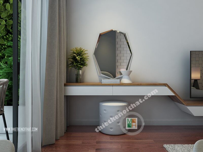 Trang trí nội thất phòng ngủ với gương ốp tường đẹp kết hợp bàn trang điểm treo tường tạo điểm nhấn nổi bật cho căn phòng Thiết kế phòng ngủ tại Hà Nội