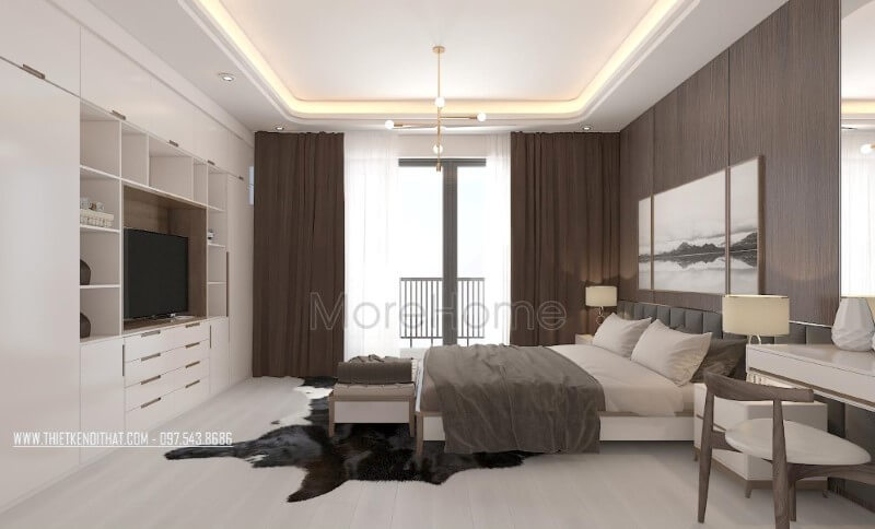 Bố trí nội thất phòng ngủ master hiện đại đẹp và thông thoáng với cửa kính chiếm trọn mảng tường để bạn có thể tận hưởng cảm giác tuyệt vời từ thiên nhiên. Thiết kế phòng ngủ tại Hà Nội