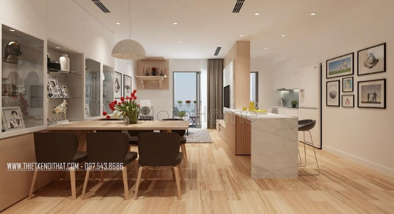 Nội thất phòng ăn liền kề khu vực phòng bếp tạo điều kiện thuận lợi cho gia chủ trong quá trình dùng bữa Thiết kế phòng ăn tại Hà Nội