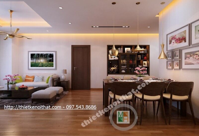 Thiết kế nội thất phòng ăn liền kề với phòng khách, không tạo vách ngăn vì vậy tăng vừa tăng khả năng bao quát, vừa mang lại bữa ăn ngon miệng cho gia chủ Thiết kế phòng ăn tại Hà Nội
