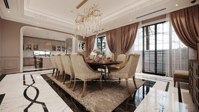 Thảm trải sàn hoa văn đẹp, sang trọng lựa chọn tinh tế cho không gian phòng ăn đương đại nhẹ nhàng. Thiết kế phòng ăn tại Hà Nội