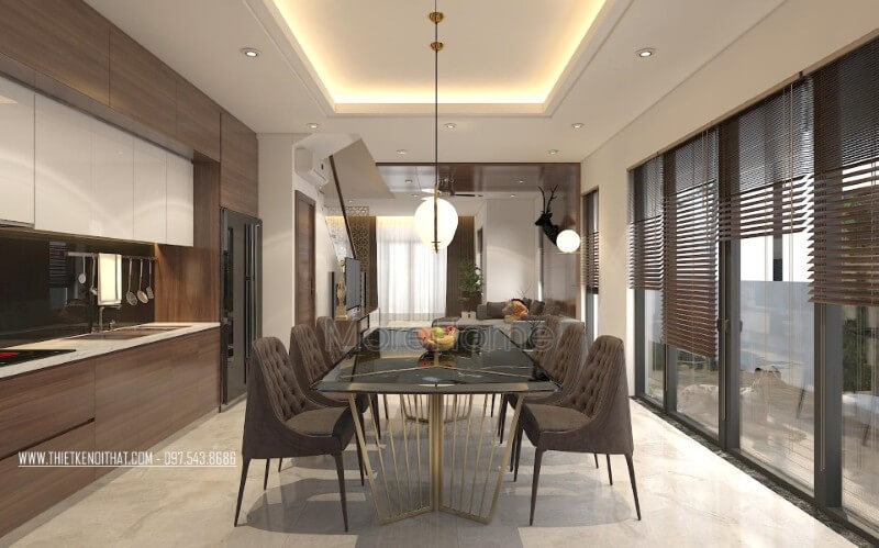 Xu hướng thiết kế phòng ăn mở liền kề với không gian phòng bếp đang ngày càng được nhiều khách hàng lựa chọn Thiết kế phòng ăn tại Hà Nội