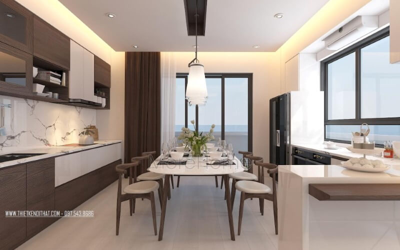 Thiết kế phòng ăn lồng trong phòng bếp vừa tạo không gian hiện đại gọn gàng vừa tiện nghi, sang trọng cho biệt thự, nhà phố. Thiết kế phòng ăn tại Hà Nội