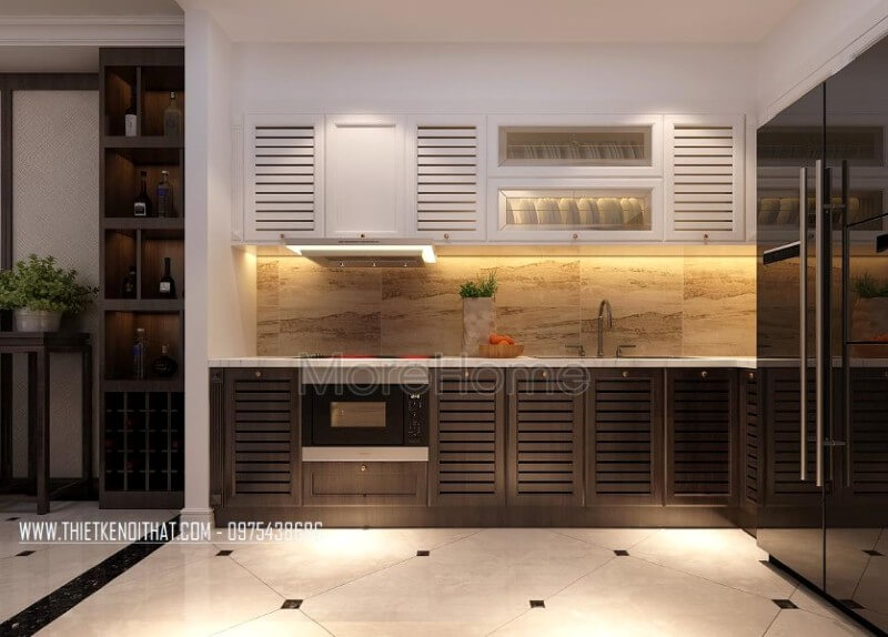 Mẫu tủ bếp chữ i hiện đại kết hợp giữa 2 tone màu nâu trầm và trắng tạo nên nét đẹp hài hòa cho cả không gian tủ bếp chung cư