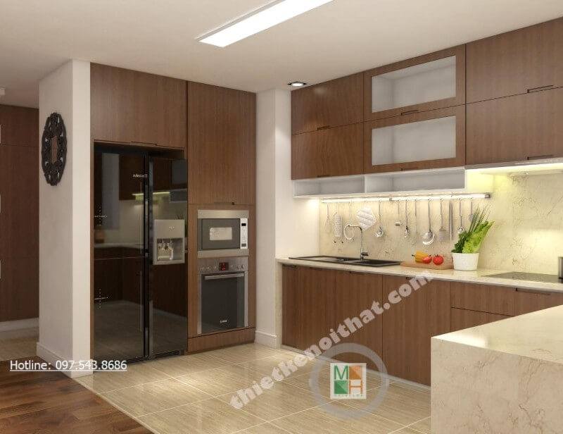 Tủ bếp đẹp kết hợp tủ bát và kệ gia vị đem đến một phòng bếp đầy đủ công năng tủ bếp chung cư