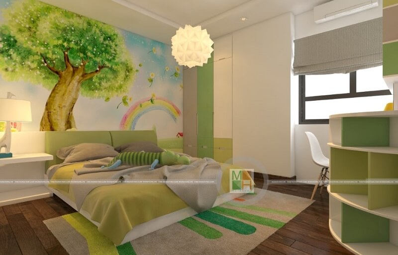 Trang trí phòng ngủ trẻ con đáng yêu sử dụng tranh dán tường hình thiên nhiên mang đến không gian căn phòng ngủ mơ ước cho bé Thiết kế phòng ngủ tại Hà Nội