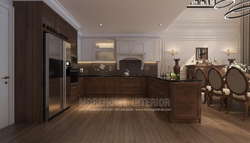Thiết kế tủ bếp chung cư có quầy bar phong cách ấn tượng, lạ mắt và là điểm nhấn mới mẻ cho mọi gia đình. Không chỉ mang tính thẩm mỹ cao, nó còn là nơi có thể chế biến thức ăn, lại vừa có thể thưởng thức những thành phẩm của mình. Mẫu tủ bếp cao cấp