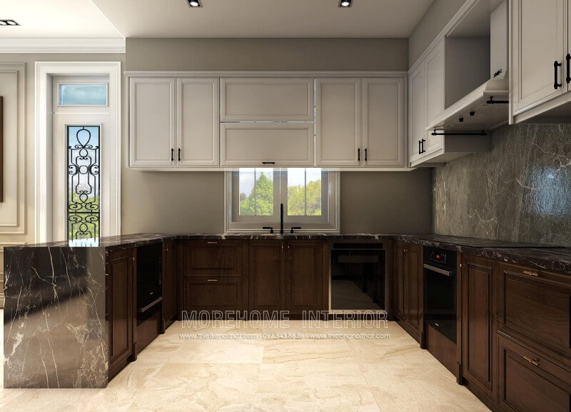 Thiết kế tủ bếp biệt thự song lập Vinhomes RiverSide gỗ tự nhiên Mẫu tủ bếp cao cấp