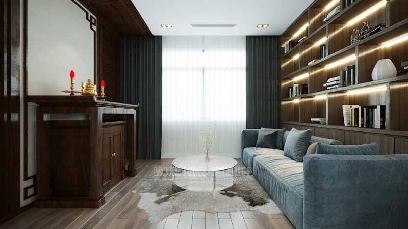 Mẫu sofa hiện đại bọc nỉ nhung màu xanh được đặt ở phòng thờ còn là nơi yên tĩnh để chú tâm đọc sách mang đến không gian hoàn hảo và tinh tế Mẫu sofa màu xanh hiện đại, trẻ trung