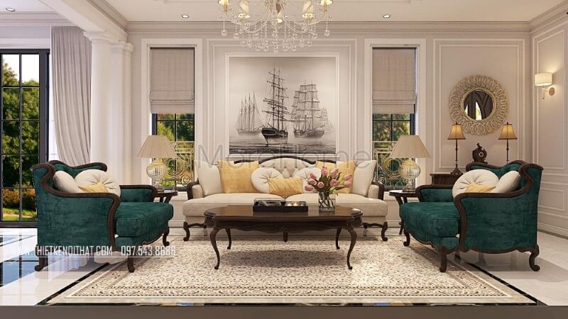 Mẫu sofa phòng khách biệt thự cao cấp được KTS thiết kế với kích thước khá rộng rãi, tone màu xanh coba cổ điển kết hợp với sắc trắng tinh khổi cũng là điểm đặc biệt thu hút, ấn tượng Mẫu sofa màu xanh hiện đại, trẻ trung