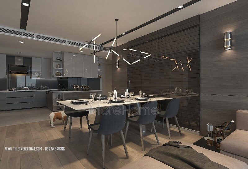 Bộ bàn ăn 6 người hiện đại tông màu nâu trầm ấm, được thiết kế ấn tượng với chi tiết đèn trang trí nghệ thuật Bàn ăn gỗ đẹp hiện đại