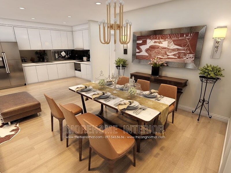 Bộ bàn ăn hiện đại với bàn ăn sử dụng gỗ acrylic kết hợp ghế gỗ tự nhiên bọc da màu cam nổi bật tạo điểm nhấn nổi bật cho căn phòng Bàn ăn gỗ đẹp hiện đại
