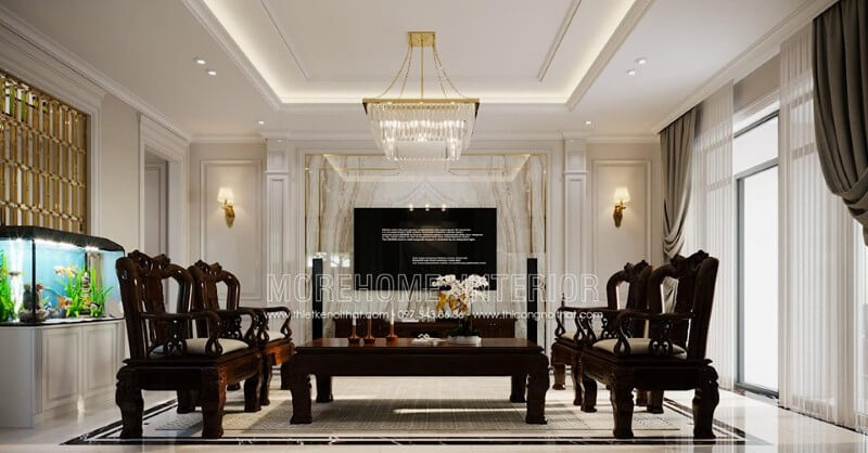 Đá đối vân ốp tường đẹp sang trọng tạo vẻ đẹp ấn tượng cho phòng khách biệt thự, nhà phố cao cấp. Thiết kế phòng khách
