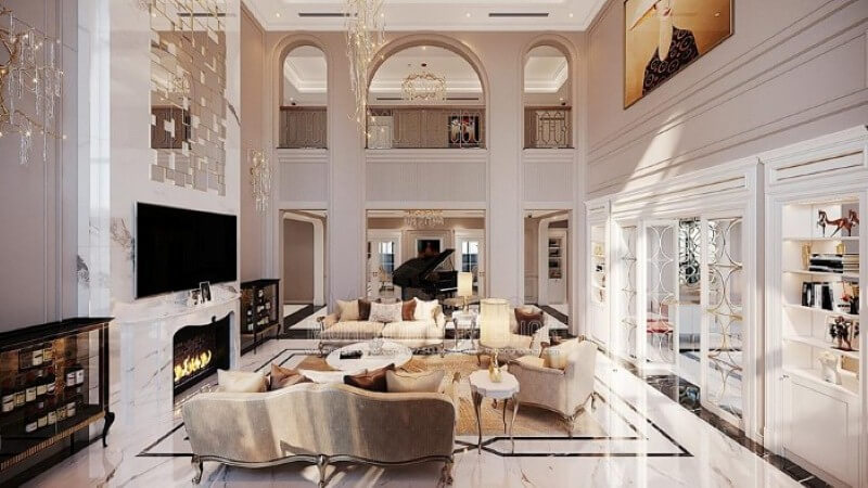 Trang trí nội thất biệt thự Vinhomes Imperia Hải Phòng ấn tượng với phòng khách thông tầng đẹp, sang trọng. Thiết kế phòng khách