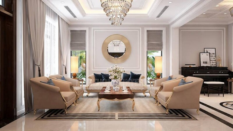 Bộ bàn ghế sofa chân gỗ mạ vàng đẹp, sang trọng cho không gian phòng khách biệt thự, nhà phố. Thiết kế phòng khách
