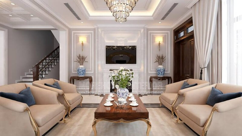 Bộ bàn ghế sofa mạ vàng tân cổ điển đẹp, sang trọng cho biệt thự, nhà phố. Thiết kế phòng khách