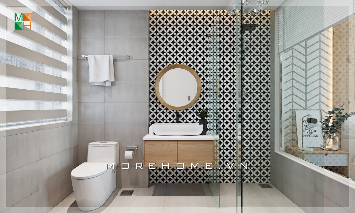 Gương tròn treo khung gỗ nhà tắm đẹp, sang trọng. Gương tròn