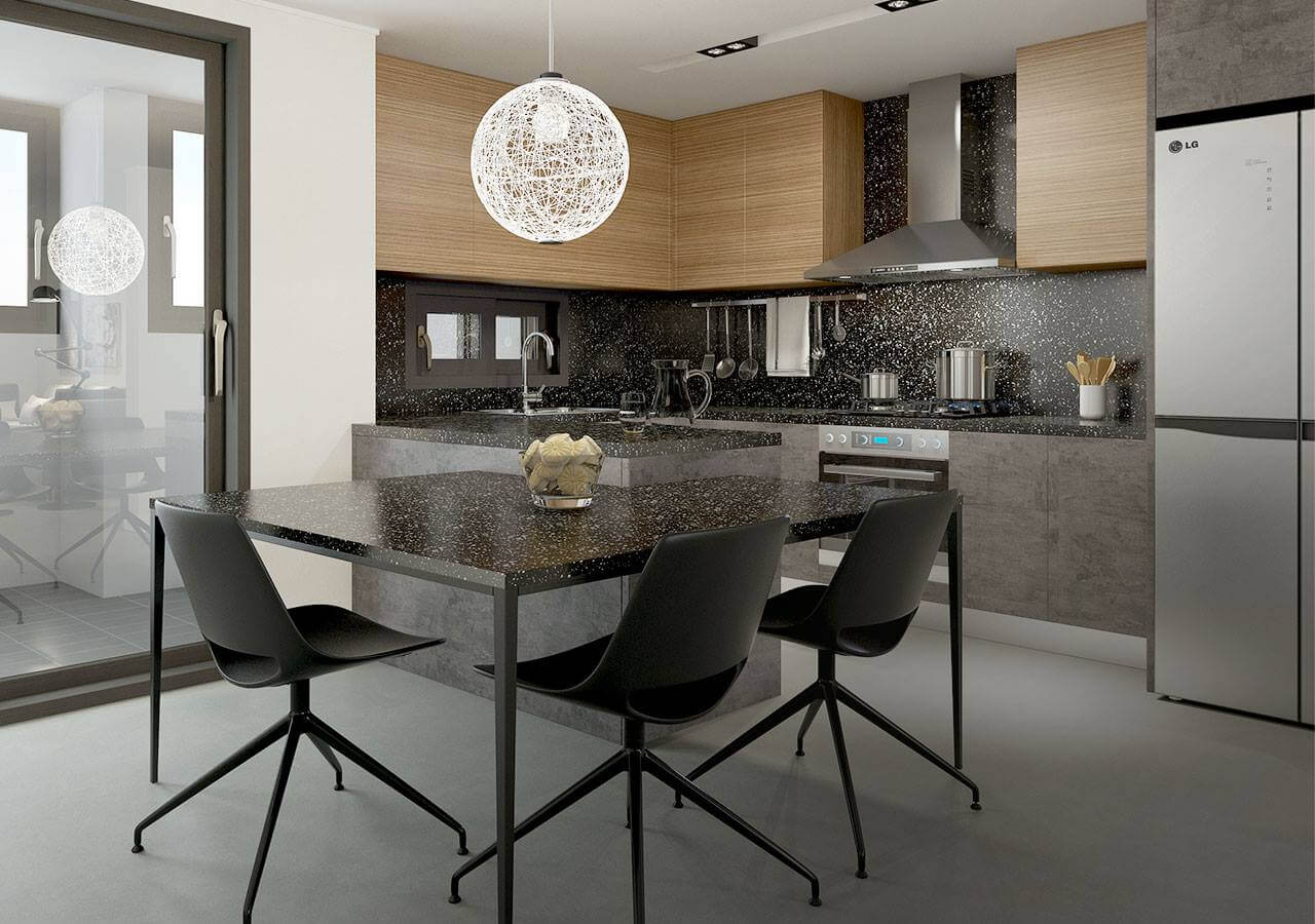 Sử dụng ốp đá nhân tạo solid surface đồng bộ màu của mặt bếp, tường bếp, bàn ăn Bàn bếp đá