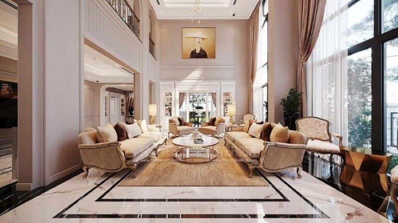 Bố trí nội thất phòng khách thông tầng biệt thự tân cổ điển cao cấp tại Vinhomes Imperia Hải Phòng. thiết kế nội thất phòng khách